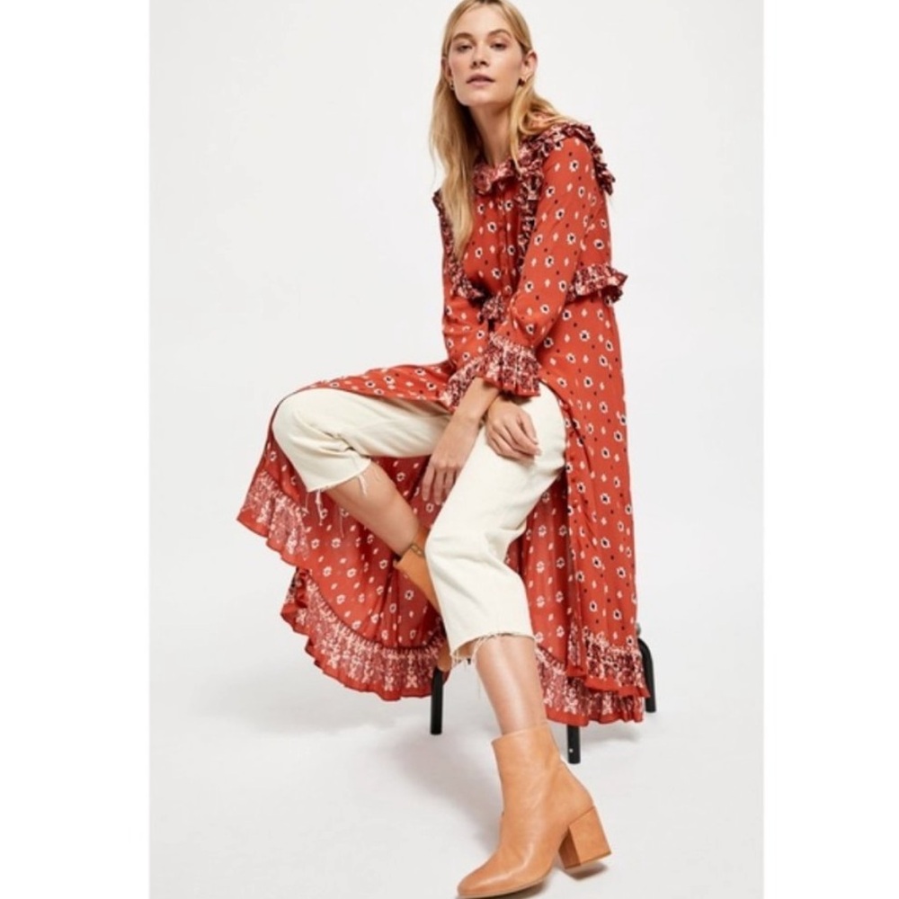 Free People Rust Boho Printed Ruffle Longline Duster - Picture 7 of 16